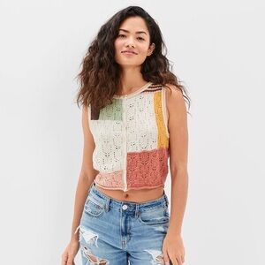 american eagle color block patchwork button-up sweater vest